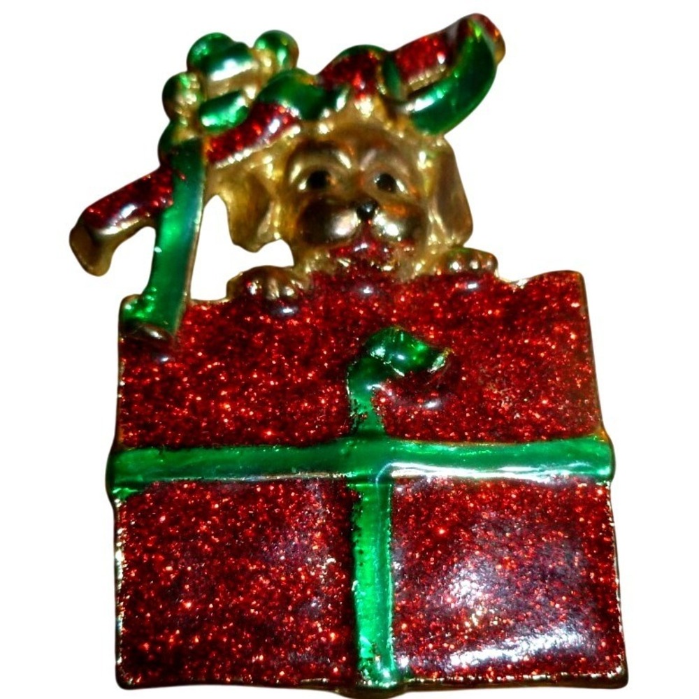 Christmas‎ Puppy Dog in Gift Box Brooch Pin Red Glitter Enamel Gold Tone Holiday